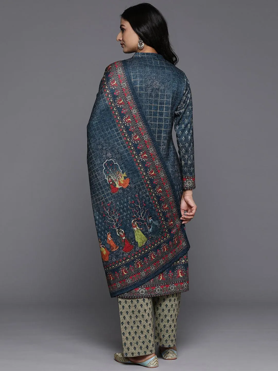 Blue Printed Wool Blend Straight Suit With Dupatta