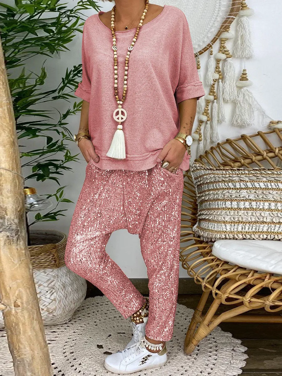 Casual Loose Comfortable Soft Top Sequin Pants Suit