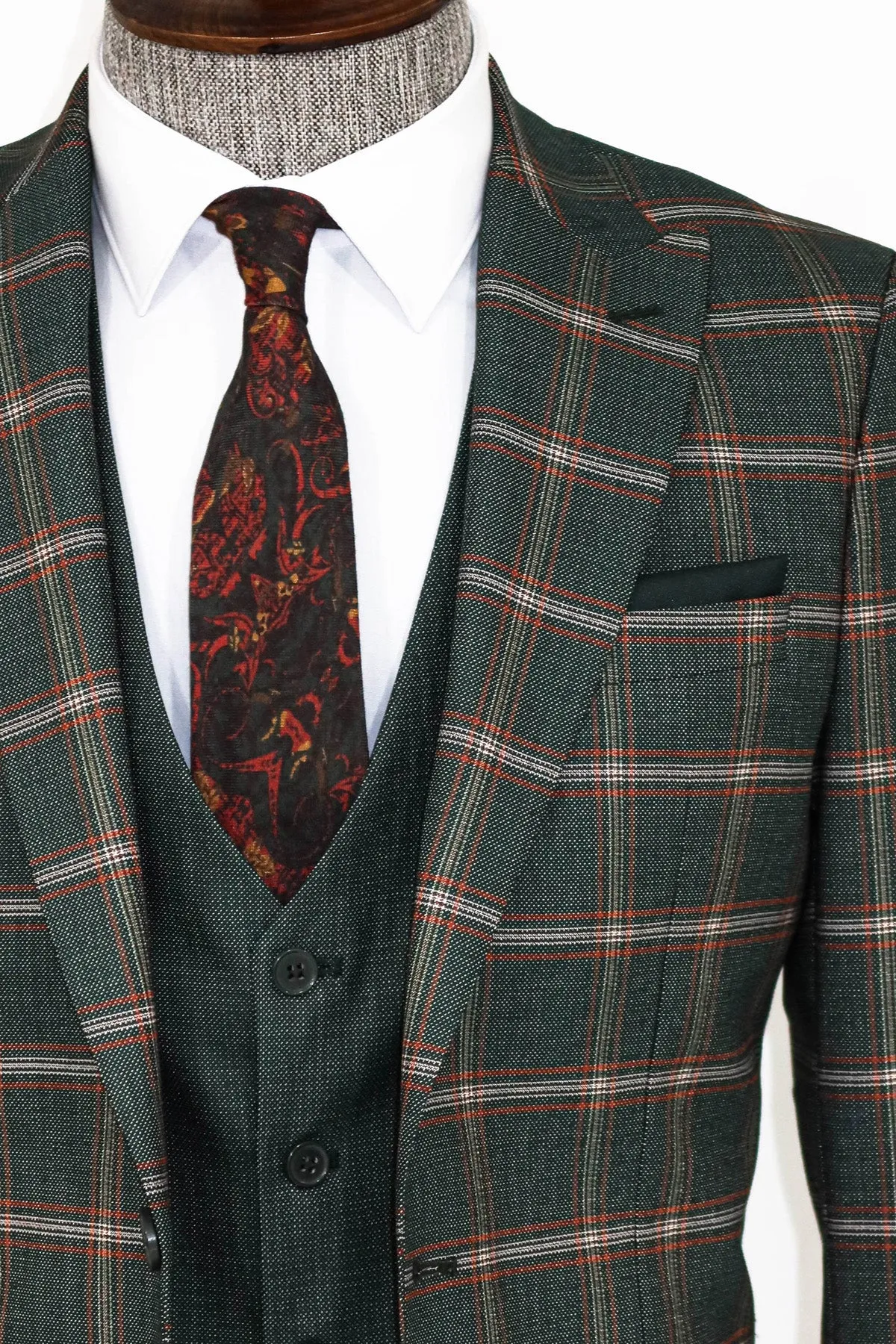 Checked Patterned Green Slim Fit Suit - Wessi