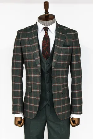 Checked Patterned Green Slim Fit Suit - Wessi