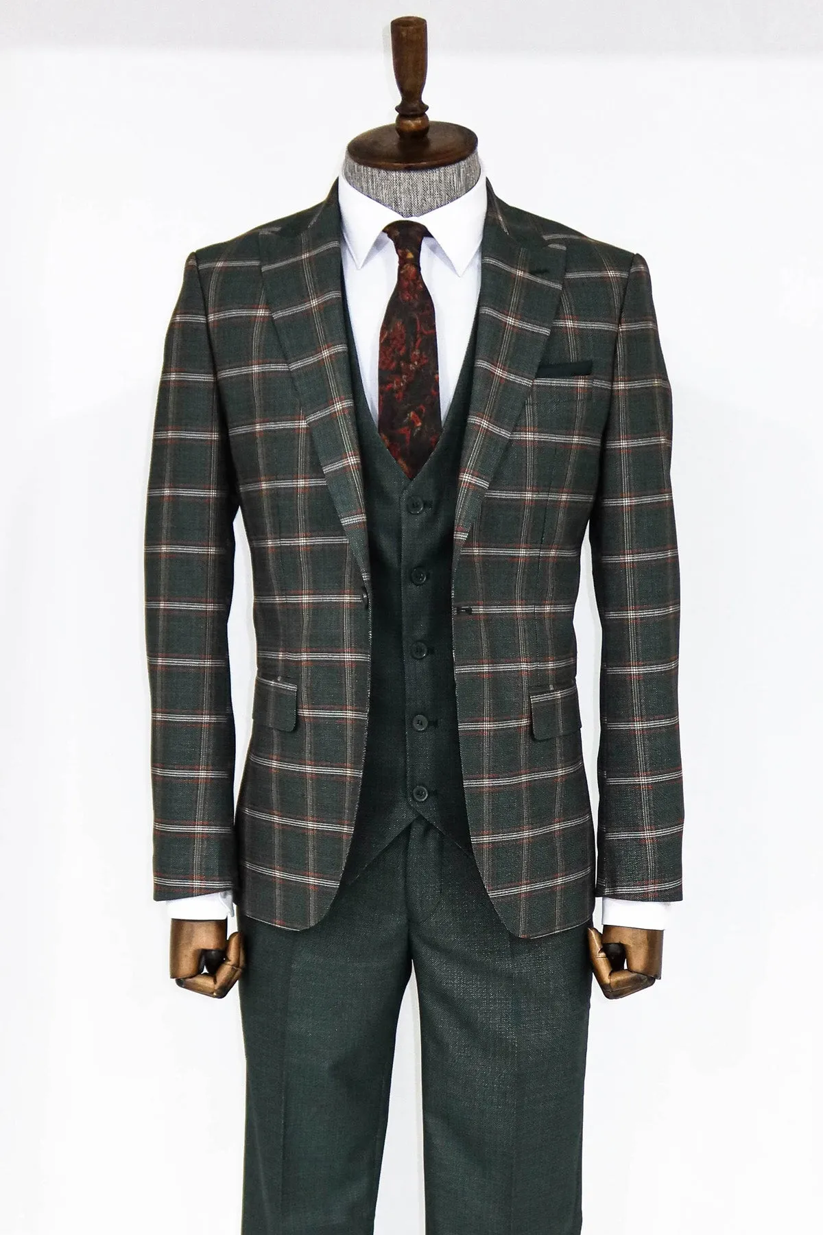 Checked Patterned Green Slim Fit Suit - Wessi