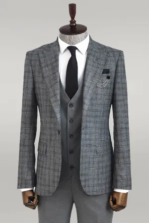 Checked Vested Grey Men Suit - Wessi