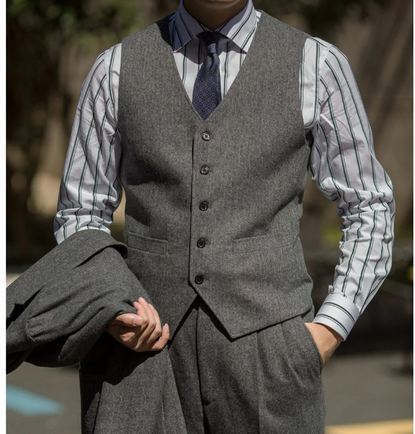 Classic Men’s  Herringbone v Neck 2 Pieces（Waistcoat Pants）