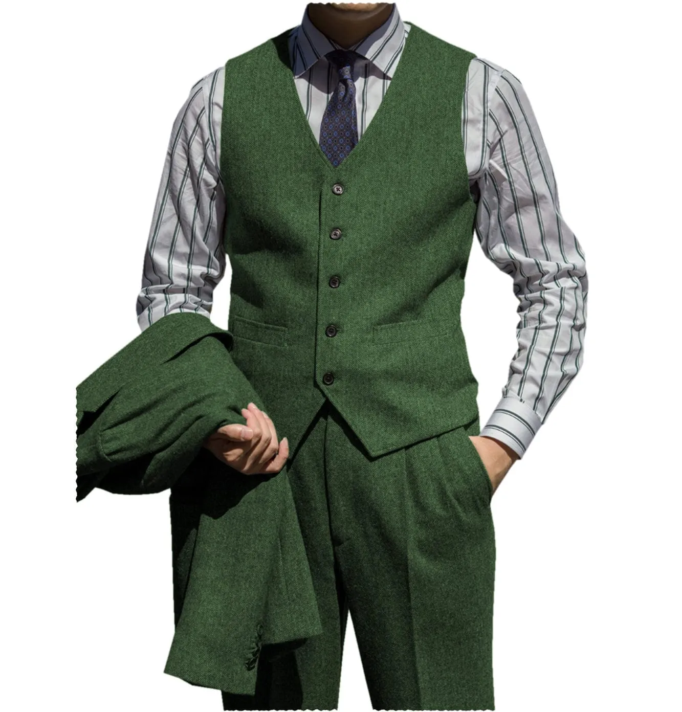 Classic Men’s  Herringbone v Neck 2 Pieces（Waistcoat Pants）