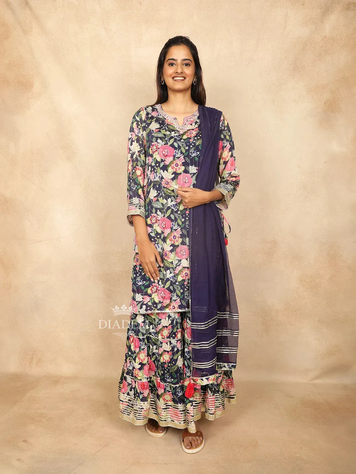 Dark Blue Cotton Straight Cut Salwar Suit Adorned with Sequins and Floral Design Paired with Dupatta