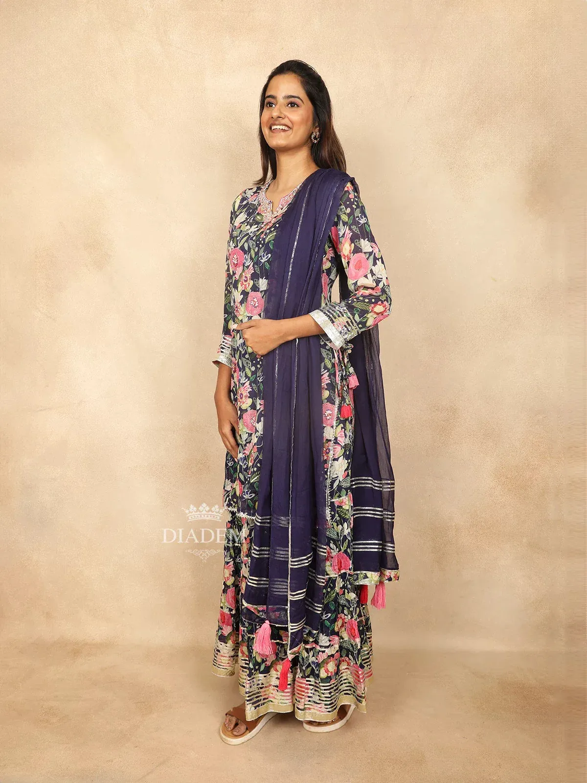 Dark Blue Cotton Straight Cut Salwar Suit Adorned with Sequins and Floral Design Paired with Dupatta