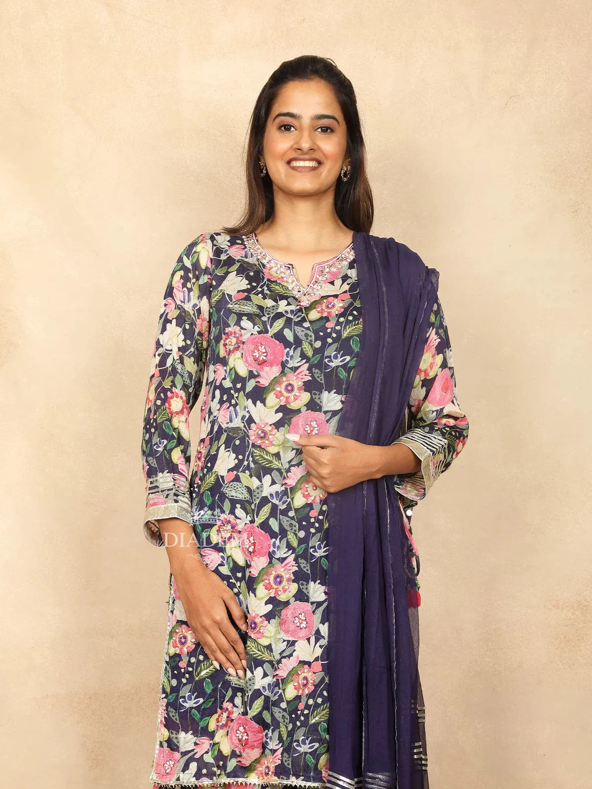 Dark Blue Cotton Straight Cut Salwar Suit Adorned with Sequins and Floral Design Paired with Dupatta