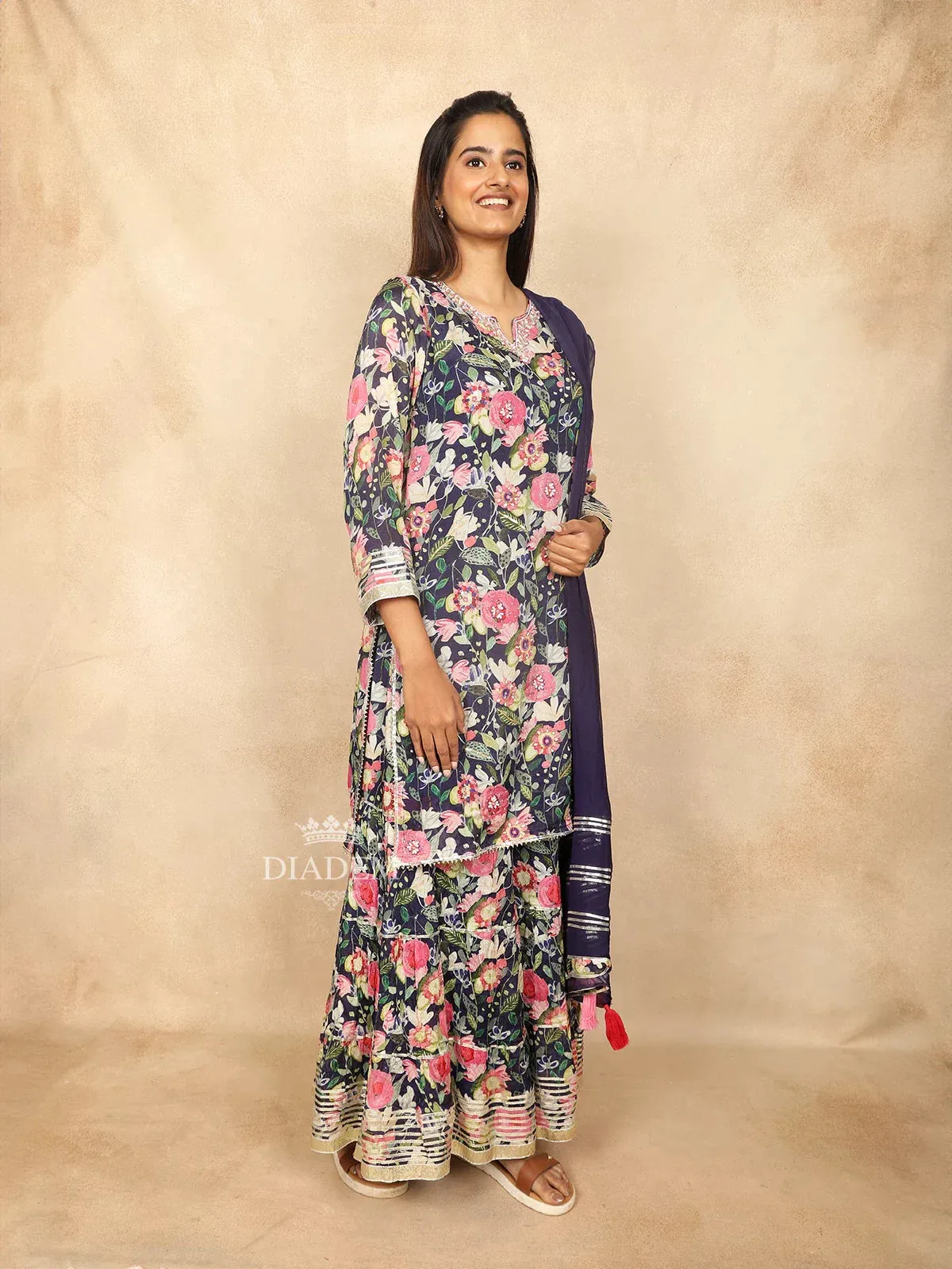 Dark Blue Cotton Straight Cut Salwar Suit Adorned with Sequins and Floral Design Paired with Dupatta