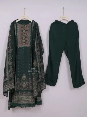 Dark Green Cotton Straight Cut Salwar Suit Adorned with Paisley Prints, paired with Dupatta