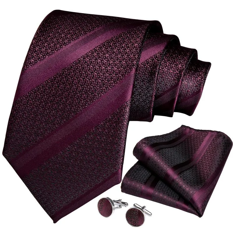 DiBanGu Men's Tie Burgundy Striped Silk Tie Handkerchief Cufflinks Clip Set 4PC for Mens Suit