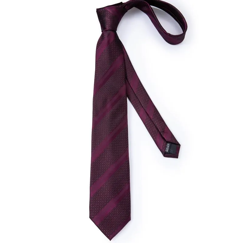 DiBanGu Men's Tie Burgundy Striped Silk Tie Handkerchief Cufflinks Clip Set 4PC for Mens Suit