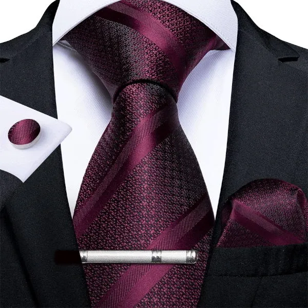 DiBanGu Men's Tie Burgundy Striped Silk Tie Handkerchief Cufflinks Clip Set 4PC for Mens Suit