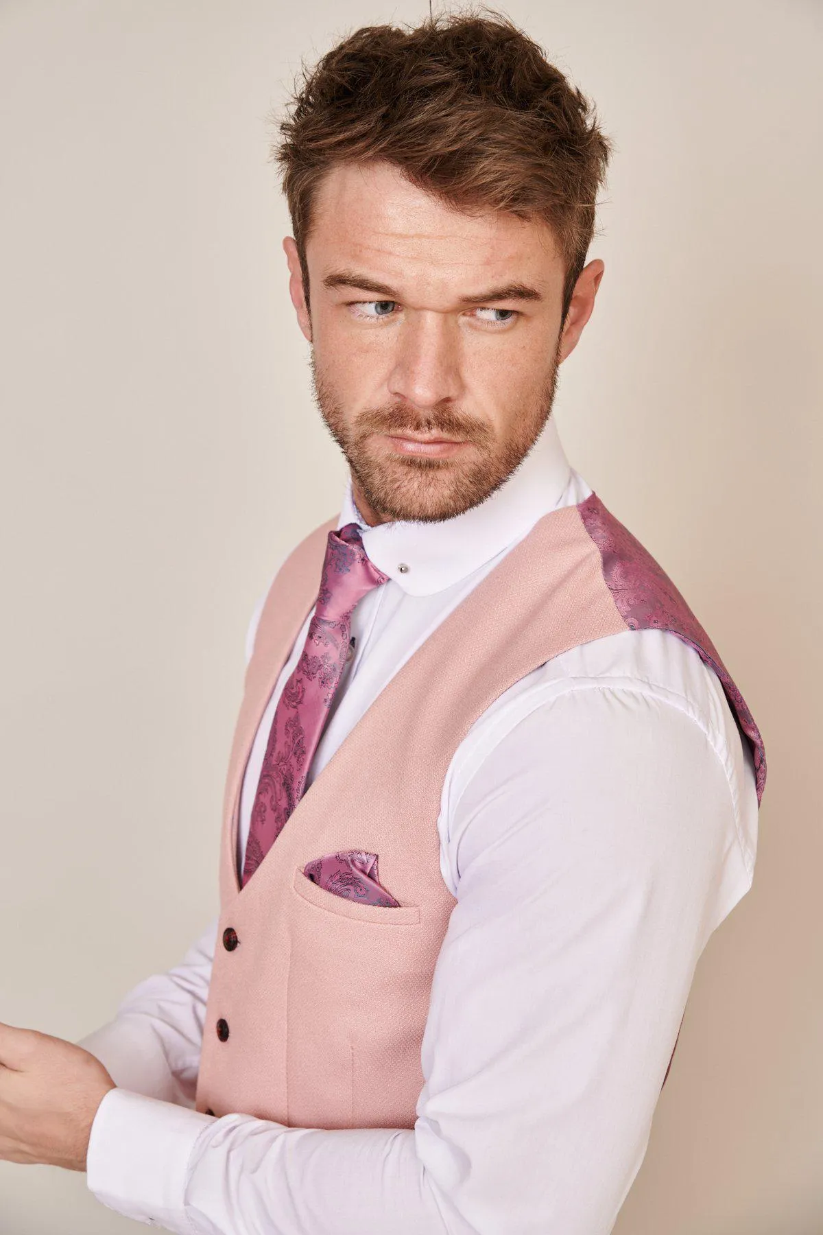 DION - Blue Tweed Check Suit With Kelvin Pink Waistcoat