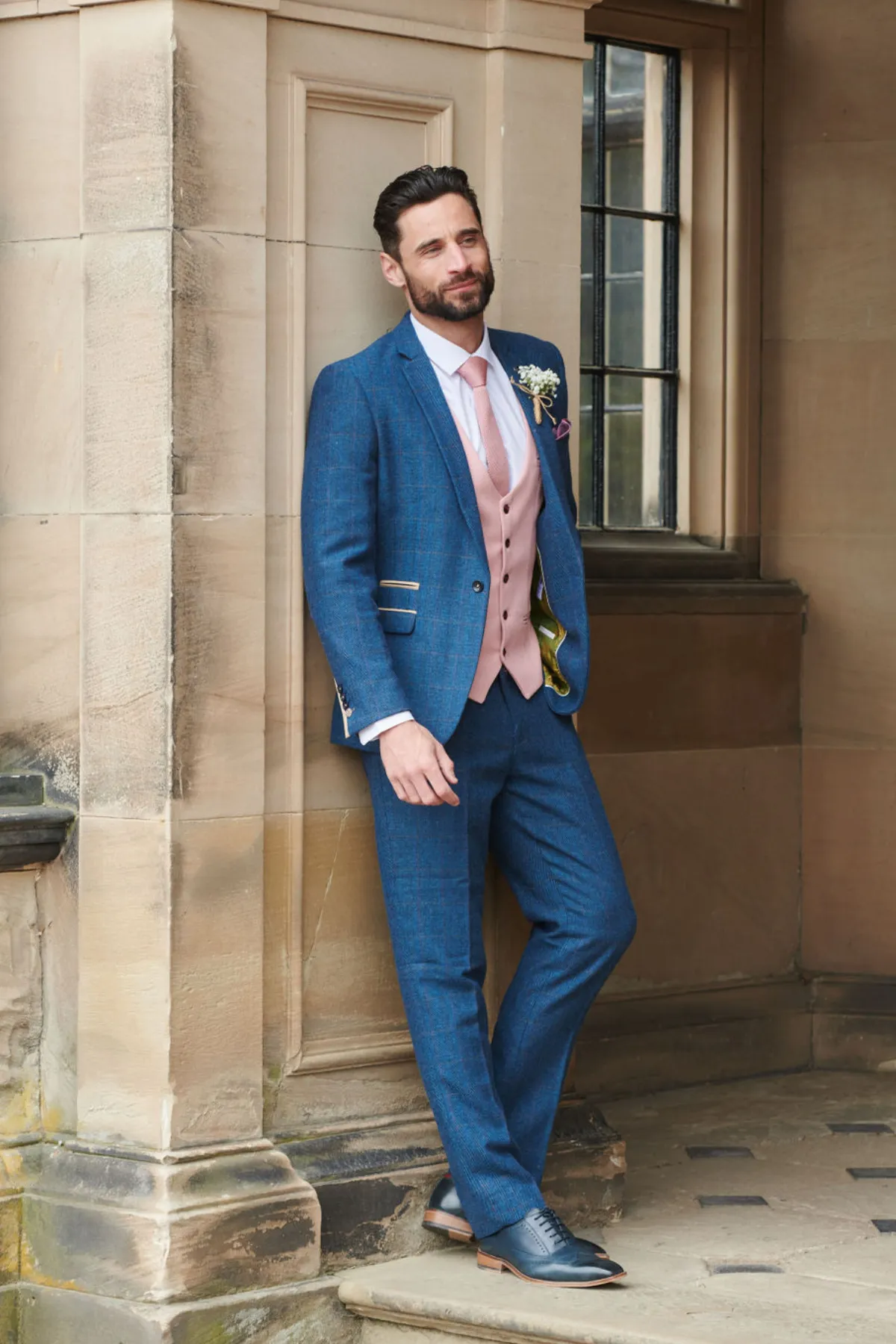 DION - Blue Tweed Check Suit With Kelvin Pink Waistcoat