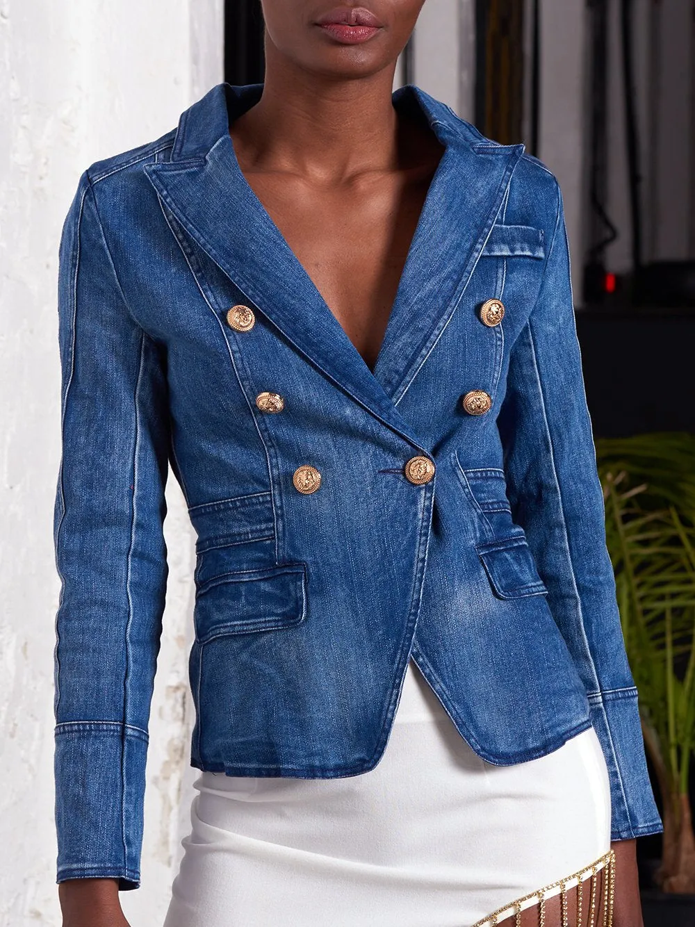 Double-Breasted Denim Blazer