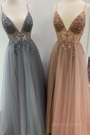 Elegant A line tulle lace long prom dress tulle formal dress