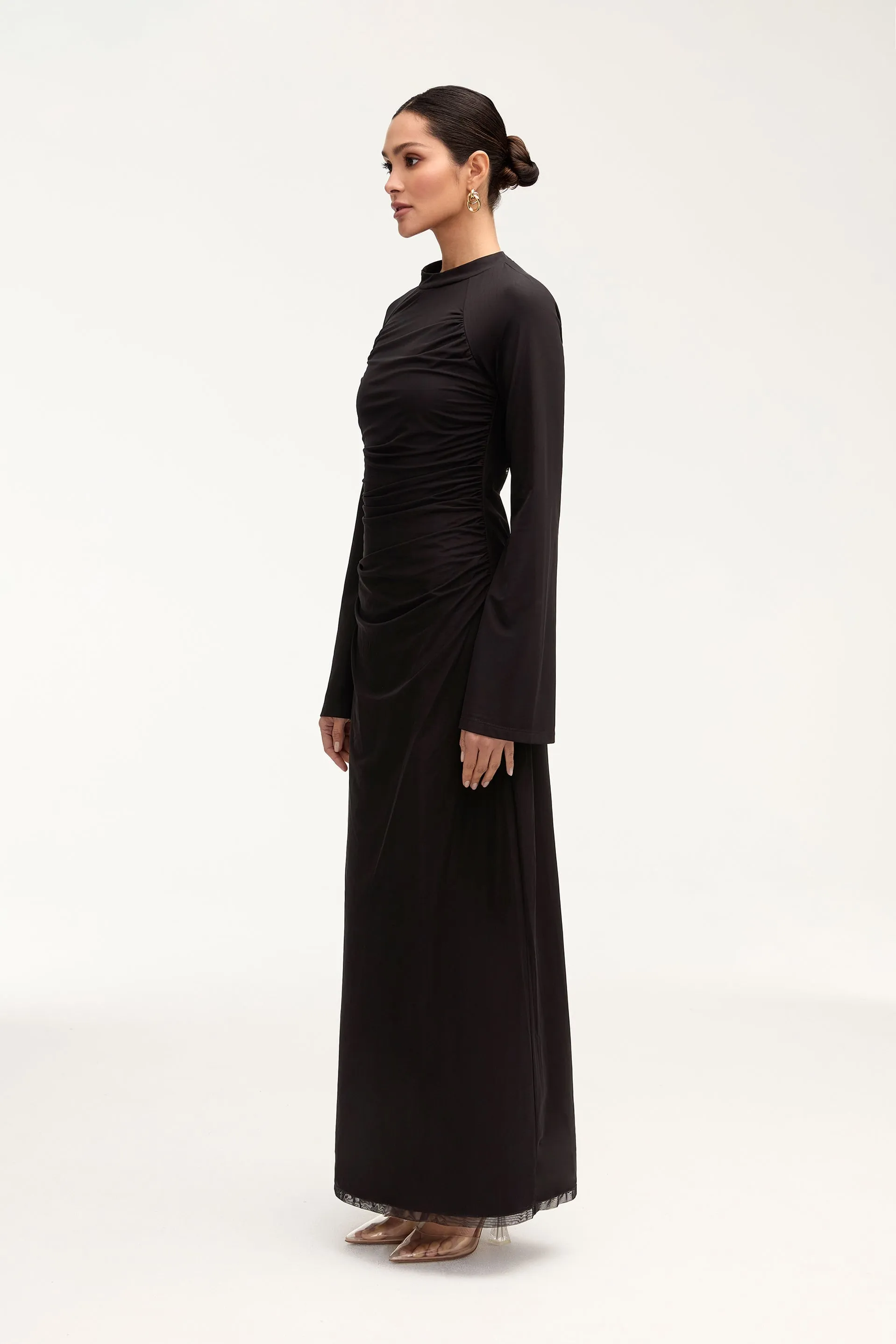 Emilia Rouched Mesh Maxi Dress - Black