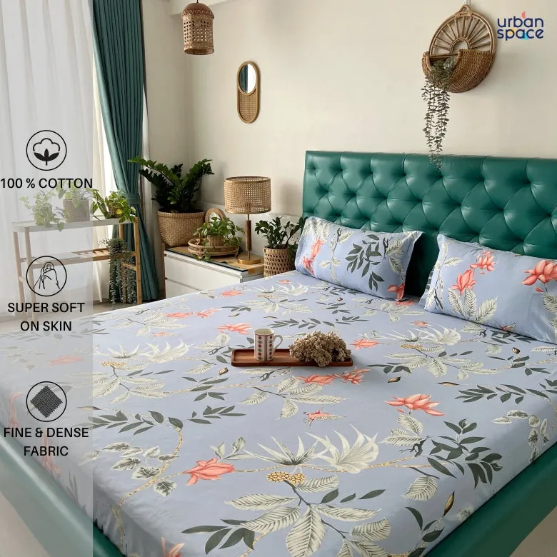 Fitted King Size Cotton Bedsheet - Bloom Ray Blue Grey