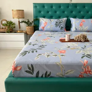 Fitted King Size Cotton Bedsheet - Bloom Ray Blue Grey