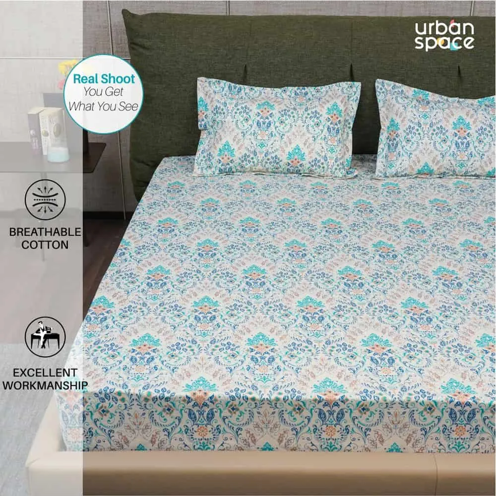 Fitted King Size Cotton Bedsheet - Mughal Garden - Blue