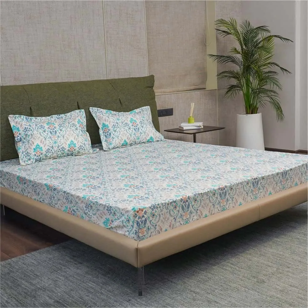 Fitted King Size Cotton Bedsheet - Mughal Garden - Blue