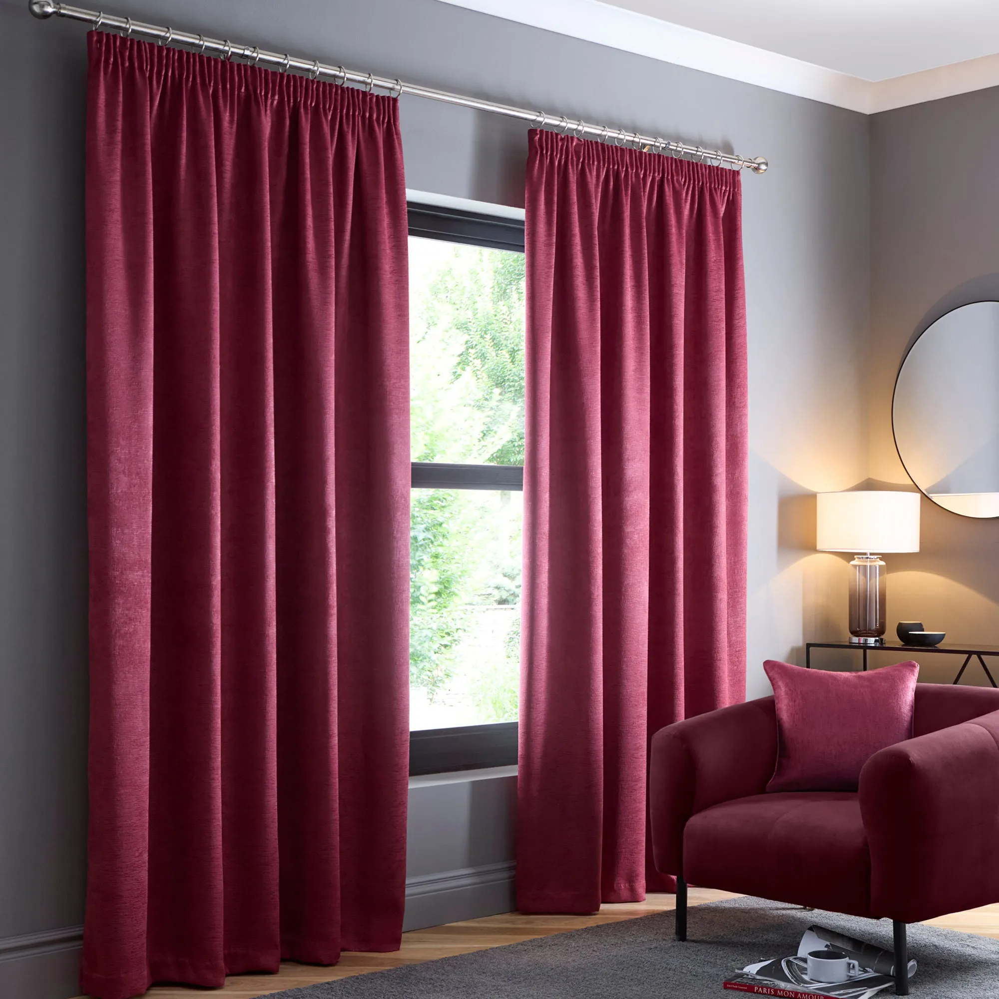 Galaxy Pair of Pencil Pleat Curtains by Fusion in Wine