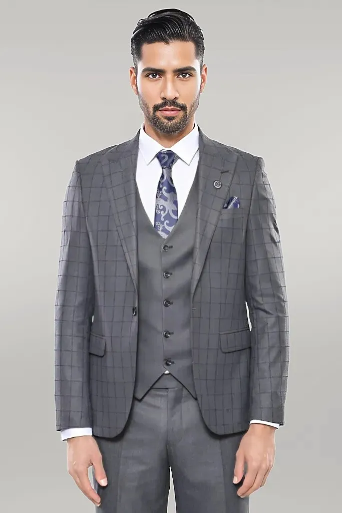 Grey Vested Checked Suit - Wessi