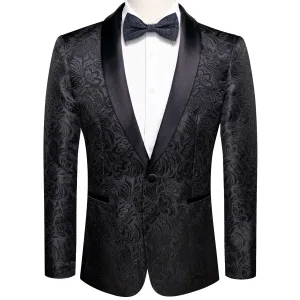 Hi-Tie Black Shawl Collar Black Floral Blazer Bowtie Suit Set