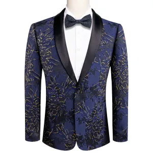 Hi-Tie Black Shawl Lapel Luxury Blue Gold Engraved Men's Suit Set