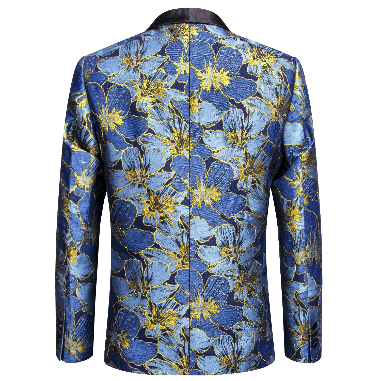 Hi-Tie Luxury Sky Blue Blazer Golden Floral Men Black Shawl Lapel Suit