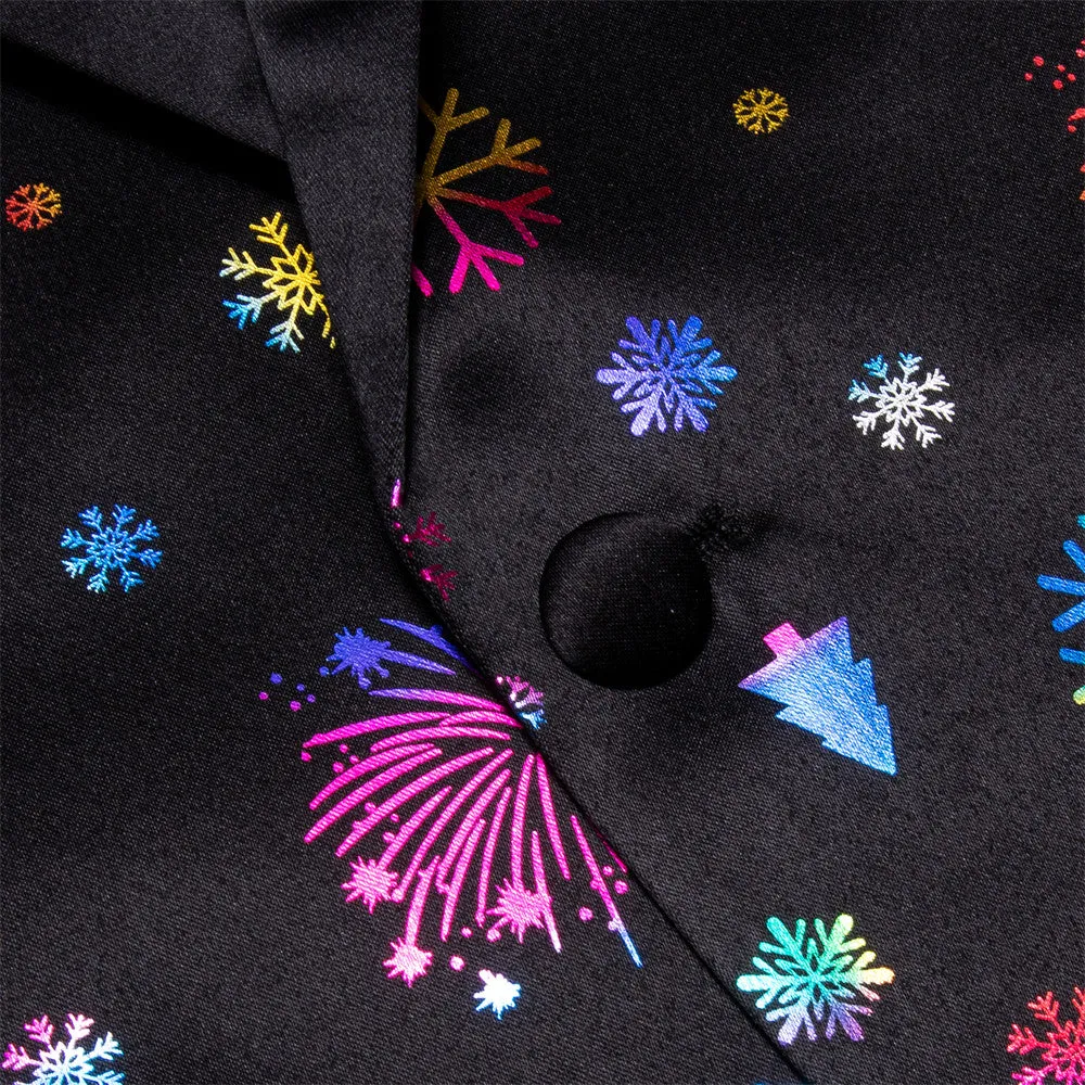 Hi-Tie Mens Silk Suit Black Colorful Christmas Snow Festival Suit for Men