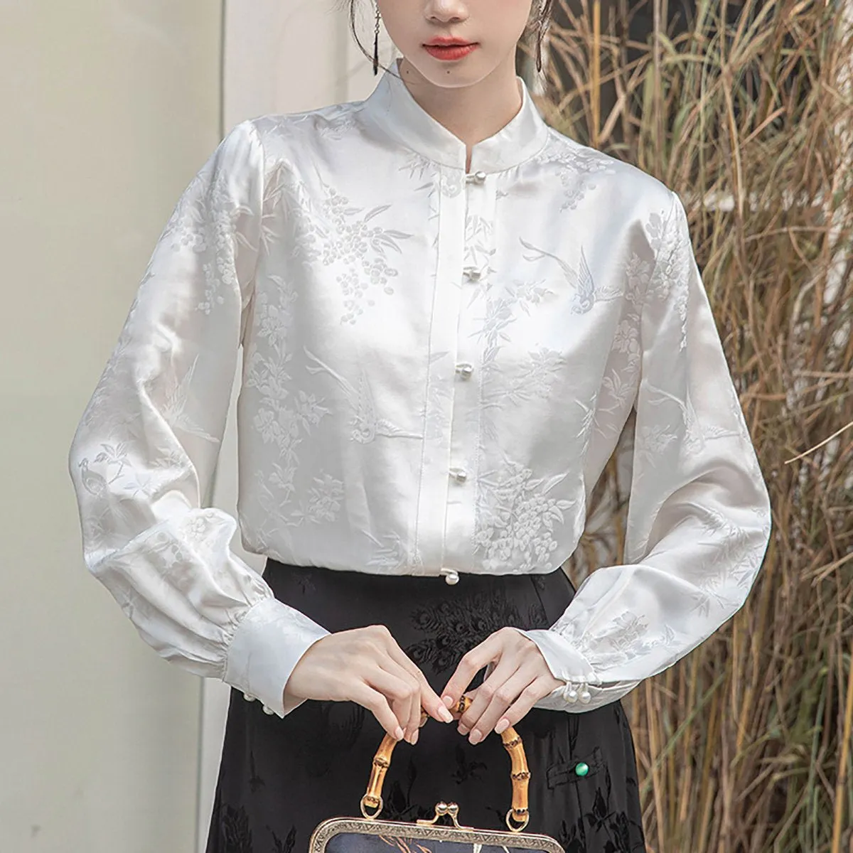 Ivory Floral Long-Sleeved Chinese Style Shirt