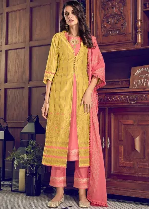 Jacket Style Yellow & Pink Embroidered Designer Suit