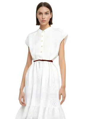 Ladies Summer Sleeveless Dresses - Embroidered Belt Gathered Waist A-Line Dresses