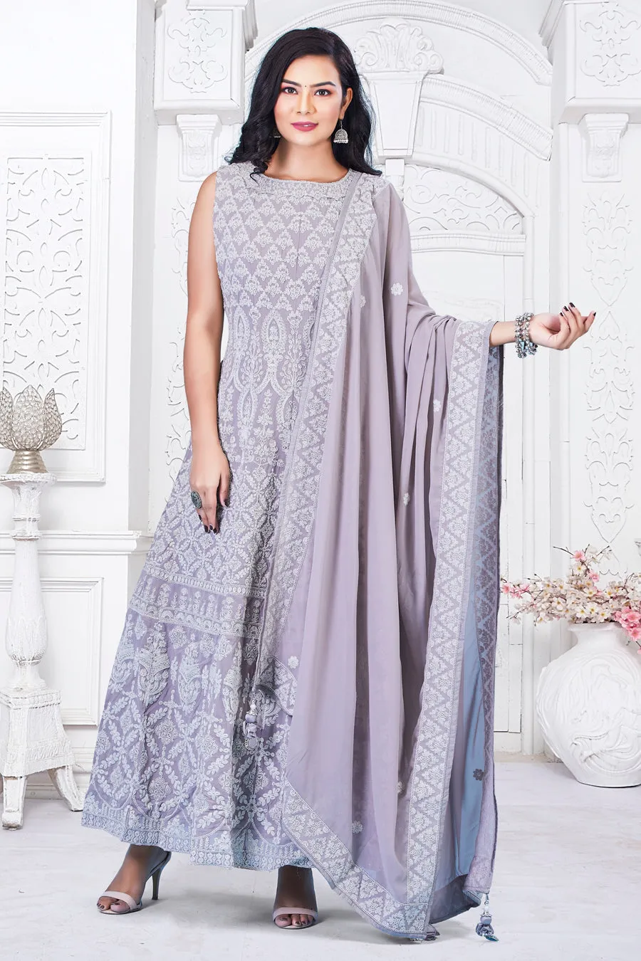 Lavendar Gown with Churidar and Dupatta