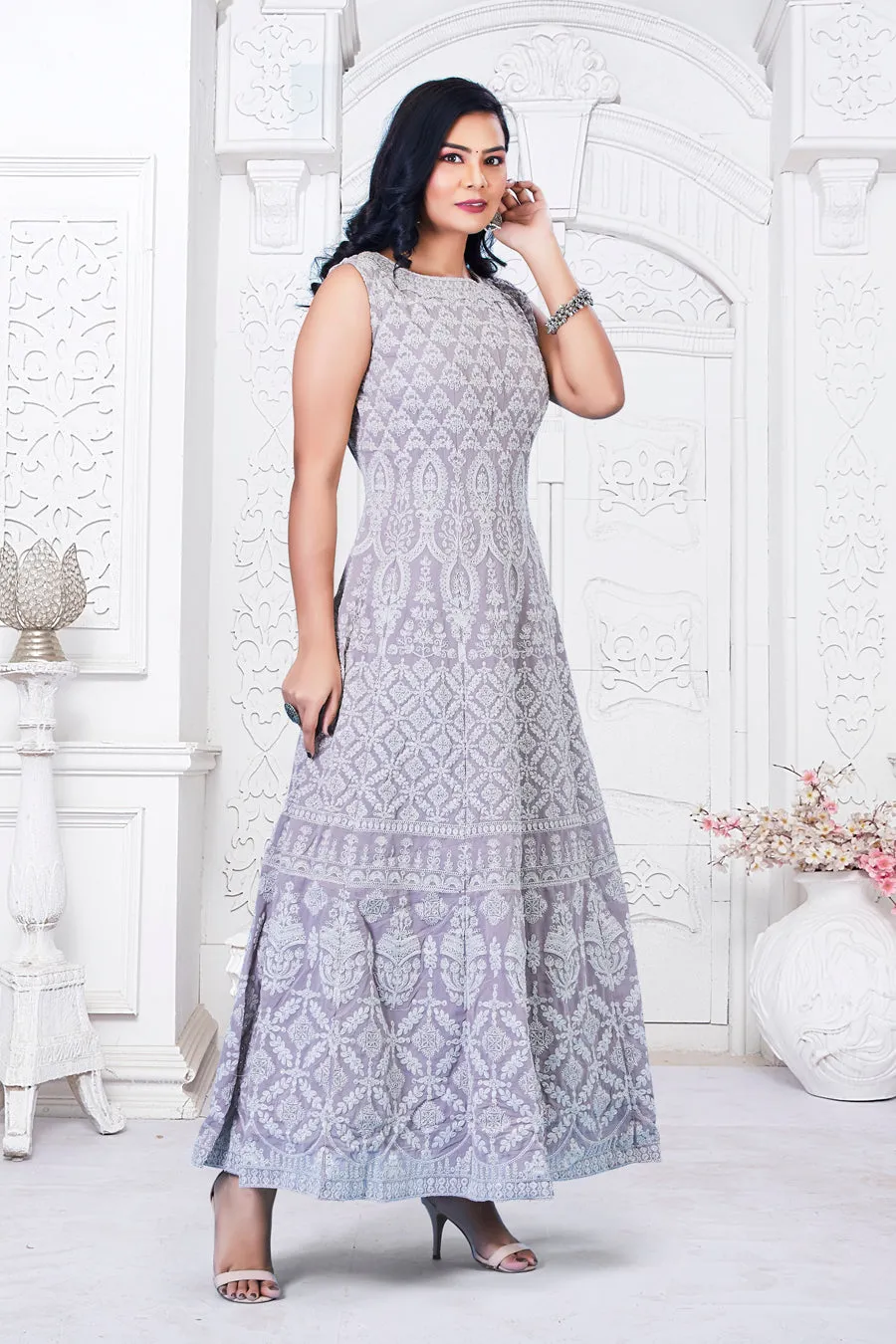 Lavendar Gown with Churidar and Dupatta