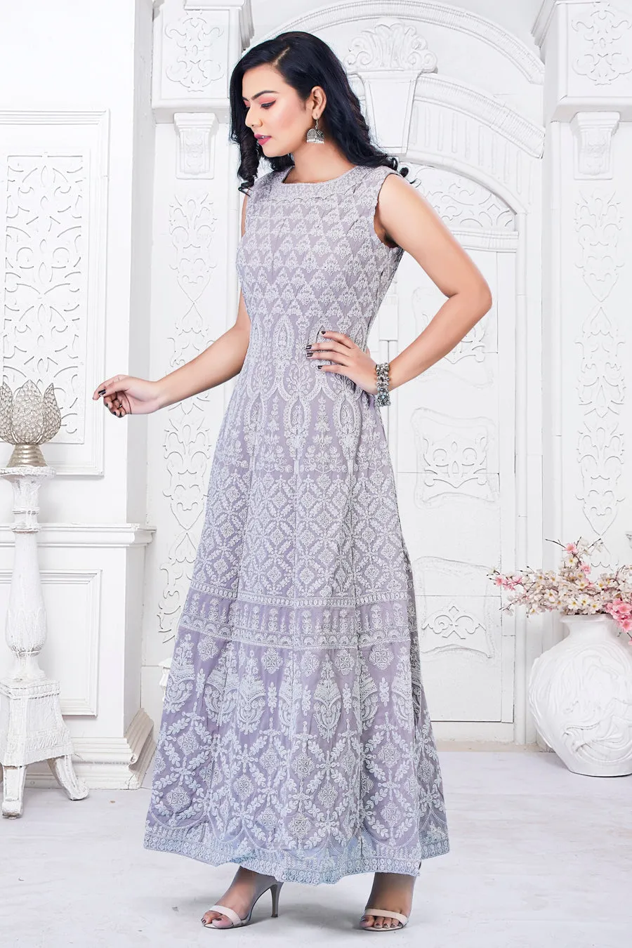 Lavendar Gown with Churidar and Dupatta