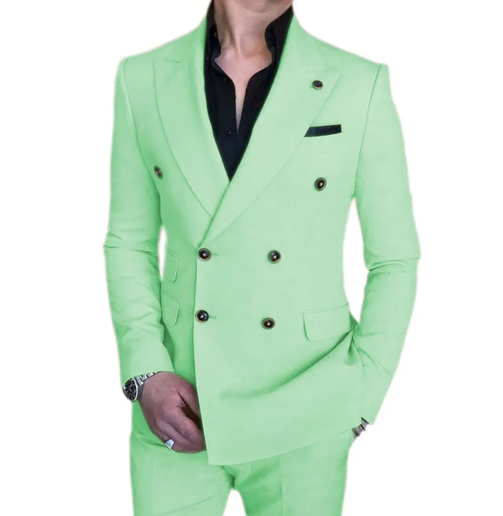 Mens 2 Piece Suit Slim Fit Double Breasted Blazer and Pants Solid Color Prom Tuxedo