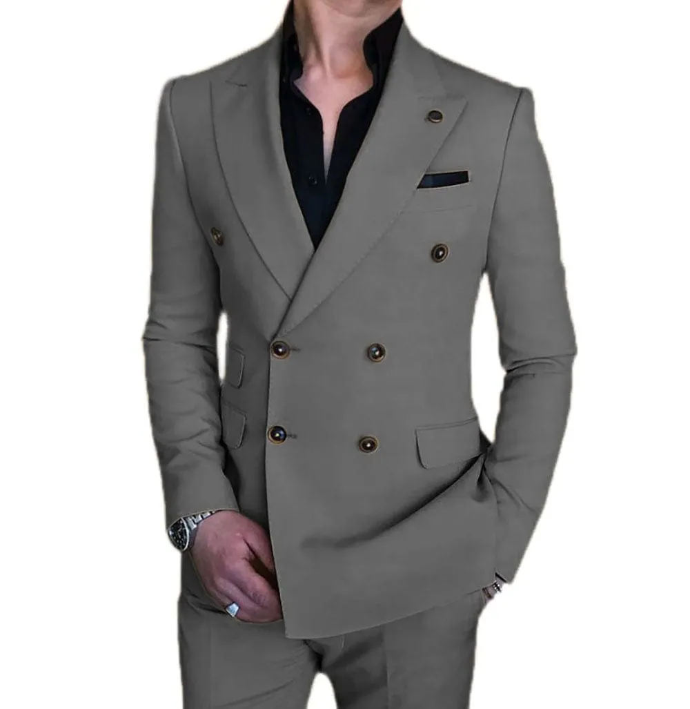 Mens 2 Piece Suit Slim Fit Double Breasted Blazer and Pants Solid Color Prom Tuxedo