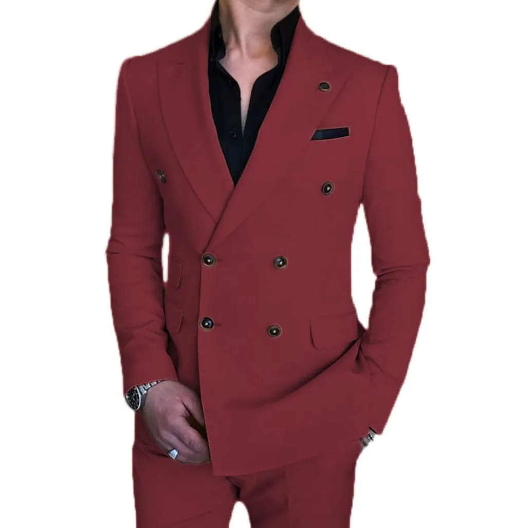 Mens 2 Piece Suit Slim Fit Double Breasted Blazer and Pants Solid Color Prom Tuxedo