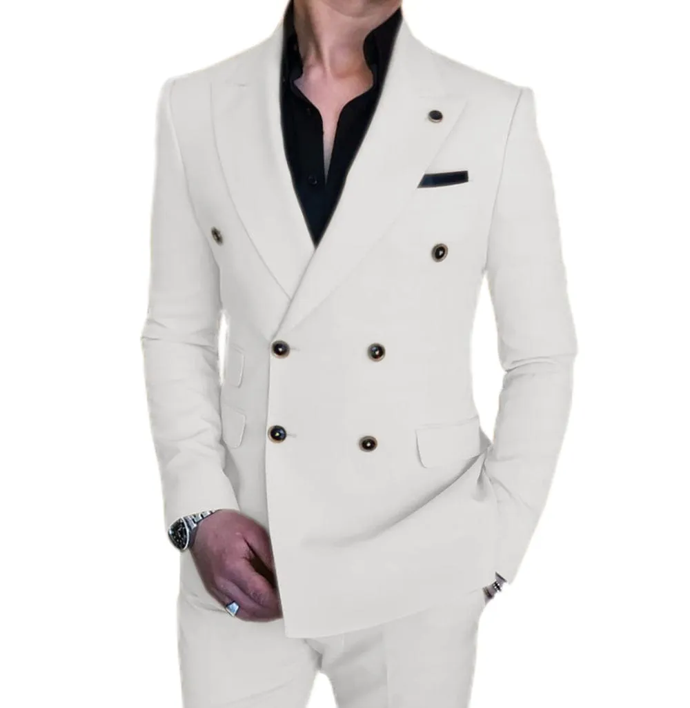 Mens 2 Piece Suit Slim Fit Double Breasted Blazer and Pants Solid Color Prom Tuxedo