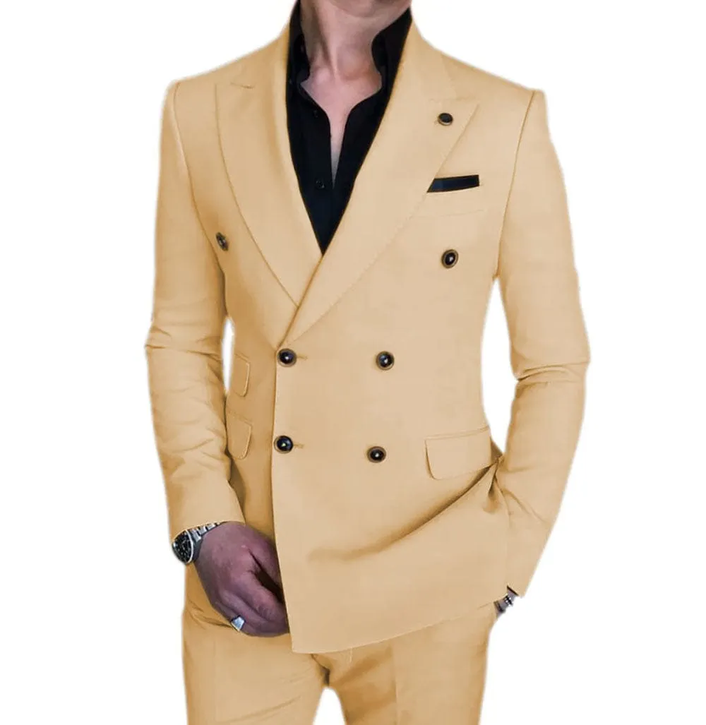 Mens 2 Piece Suit Slim Fit Double Breasted Blazer and Pants Solid Color Prom Tuxedo