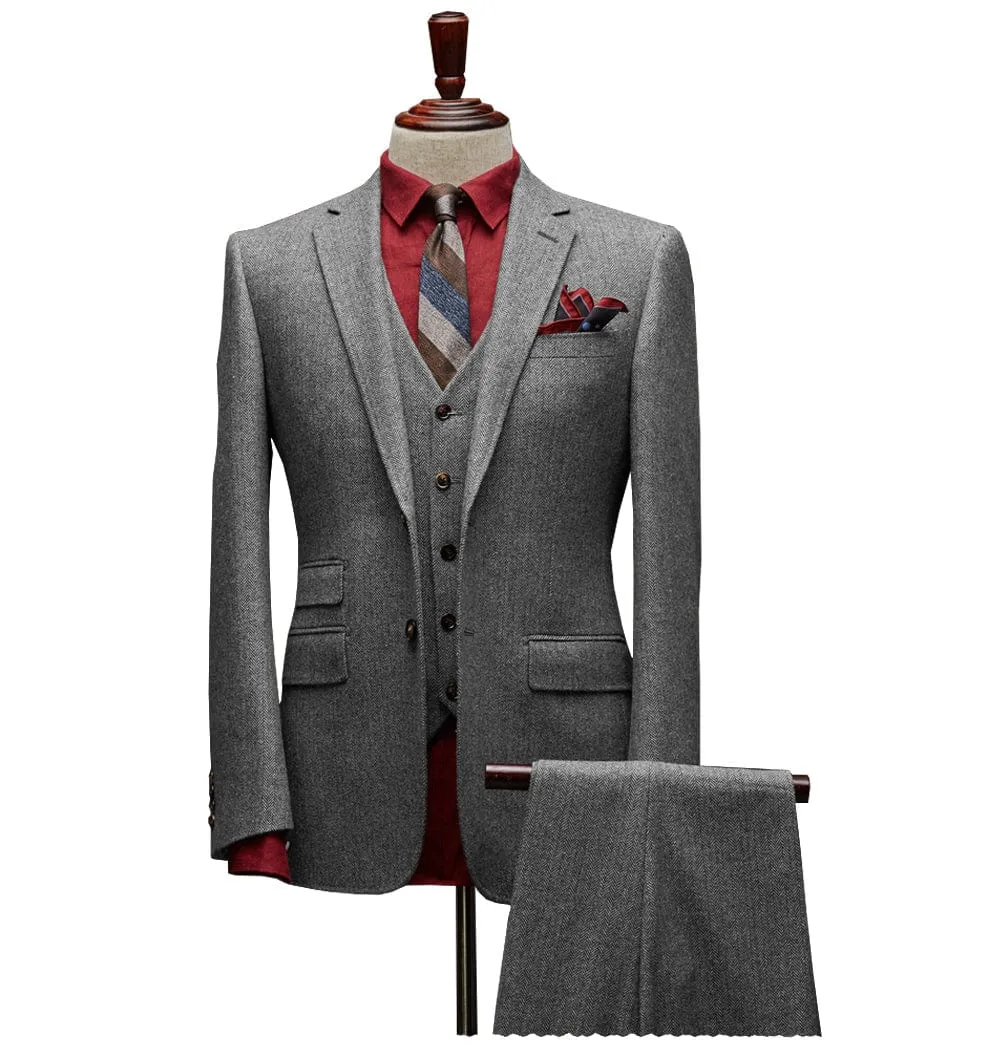 Men's 3 Pieces Slim Fit Tweed Classic Herringbone Notch Lapel Tuxedos (Blazer vest Pants)