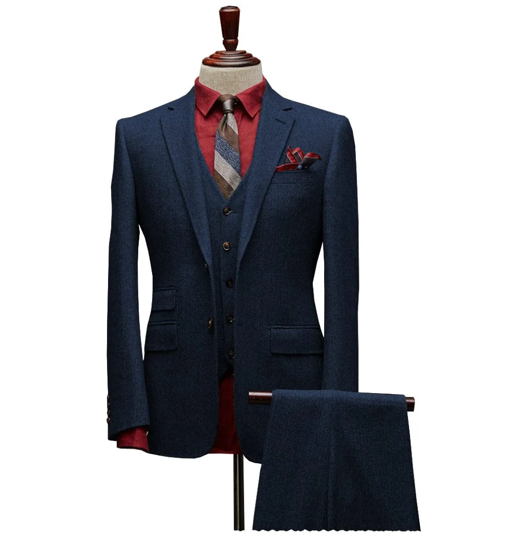 Men's 3 Pieces Slim Fit Tweed Classic Herringbone Notch Lapel Tuxedos (Blazer vest Pants)