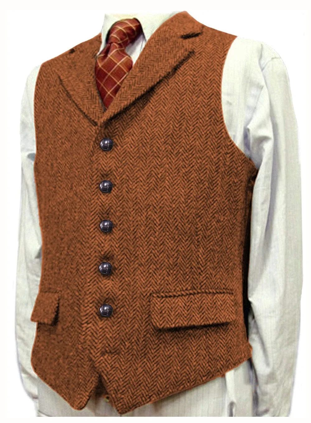 Men's Classic vintage Vest Tweed Herringbone Notch Lapel Waistcoat