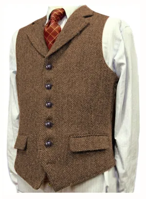 Men's Classic vintage Vest Tweed Herringbone Notch Lapel Waistcoat