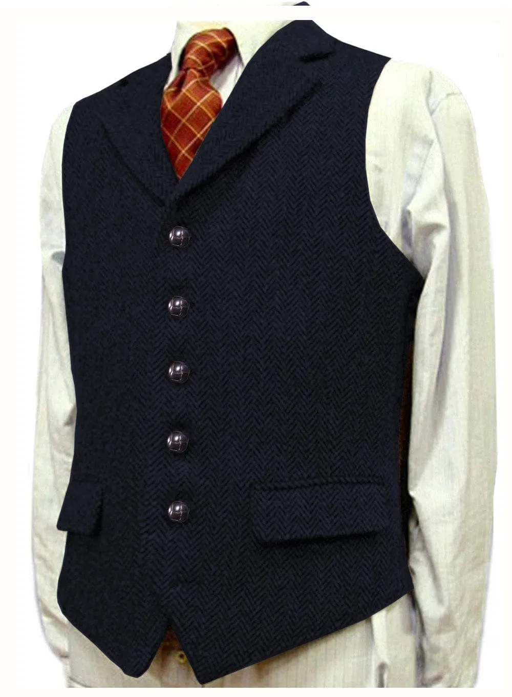 Men's Classic vintage Vest Tweed Herringbone Notch Lapel Waistcoat