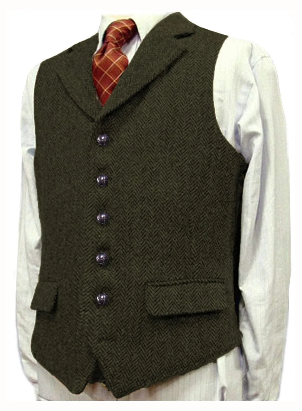 Men's Classic vintage Vest Tweed Herringbone Notch Lapel Waistcoat