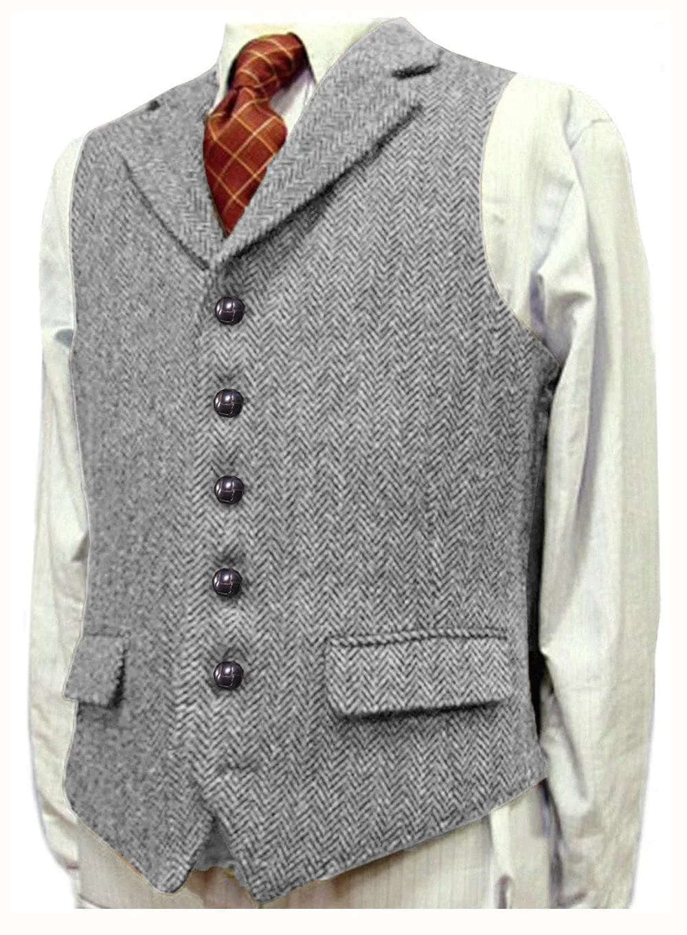 Men's Classic vintage Vest Tweed Herringbone Notch Lapel Waistcoat