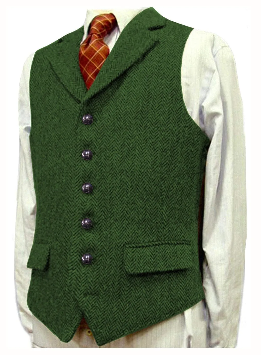 Men's Classic vintage Vest Tweed Herringbone Notch Lapel Waistcoat